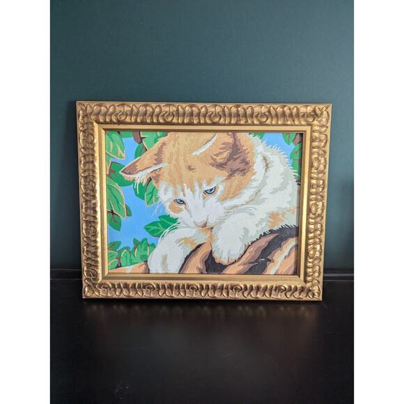 Cat In Garden Paint By Number Finished in Gold Frame - Picture 1 of 4